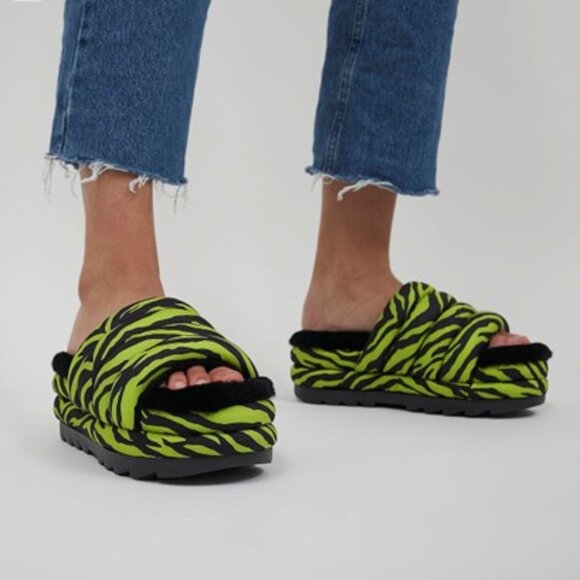UGG Maxi Slide Tiger Print Sandals Sheepskin Slip On Platforms Key Lime Size 6 - Picture 8 of 8
